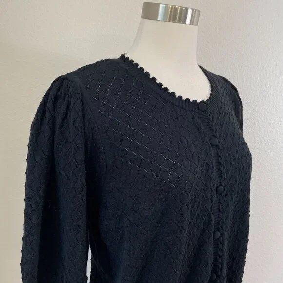 NEW By Anthropologie Womens XL Black Puff Sleeve Pointelle Knit Cardigan Sweater - Picture 4 of 13